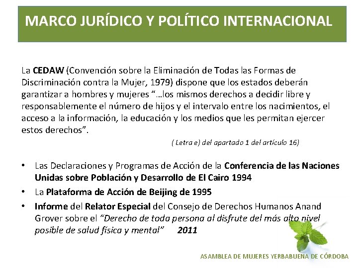 MARCO JURÍDICO Y POLÍTICO INTERNACIONAL La CEDAW (Convención sobre la Eliminación de Todas las