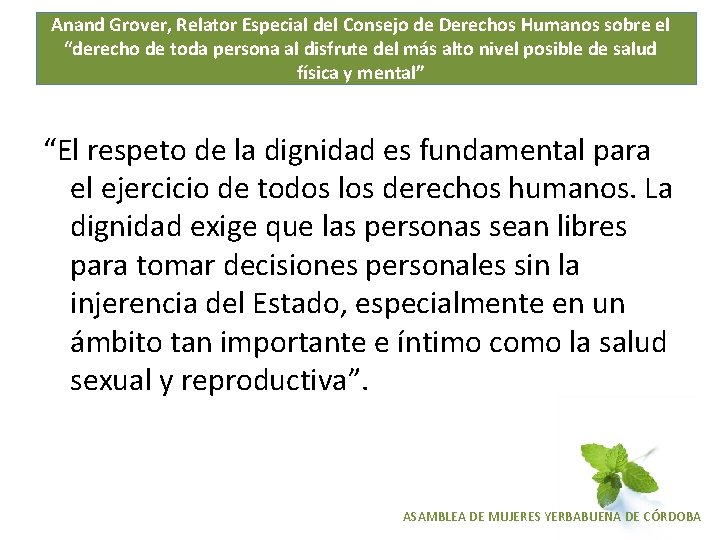 Anand Grover, Relator Especial del Consejo de Derechos Humanos sobre el “derecho de toda