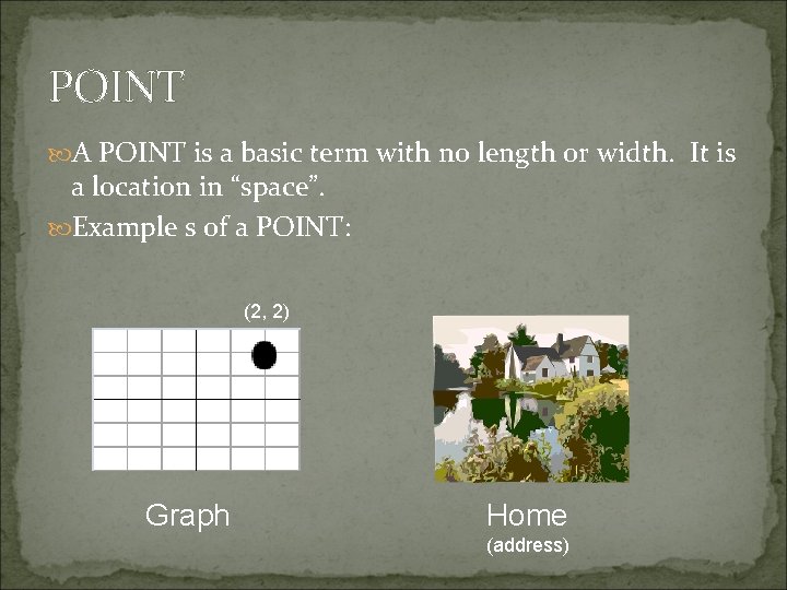 POINT A POINT is a basic term with no length or width. It is