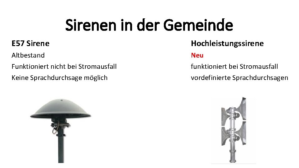 Sirenen in der Gemeinde E 57 Sirene Hochleistungssirene Altbestand Funktioniert nicht bei Stromausfall Keine