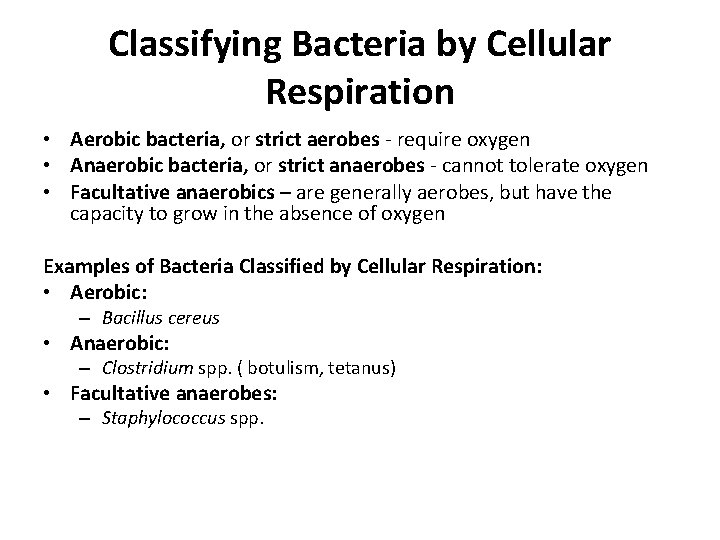 Classifying Bacteria by Cellular Respiration • Aerobic bacteria, or strict aerobes - require oxygen