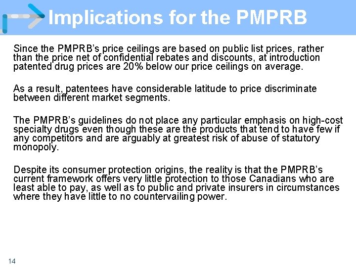 Implications for the PMPRB Since the PMPRB’s price ceilings are based on public list