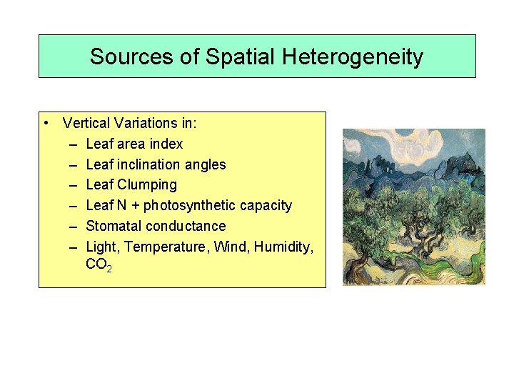 Sources of Spatial Heterogeneity • Vertical Variations in: – Leaf area index – Leaf