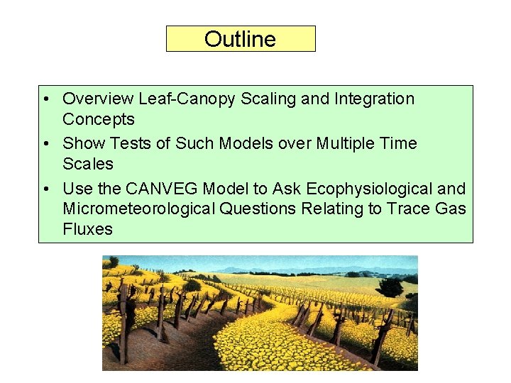 Outline • Overview Leaf-Canopy Scaling and Integration Concepts • Show Tests of Such Models