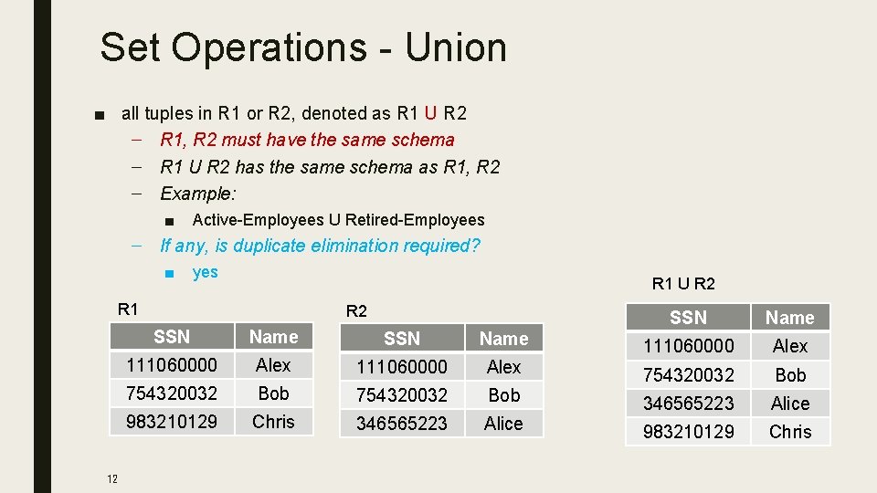 Set Operations - Union ■ all tuples in R 1 or R 2, denoted