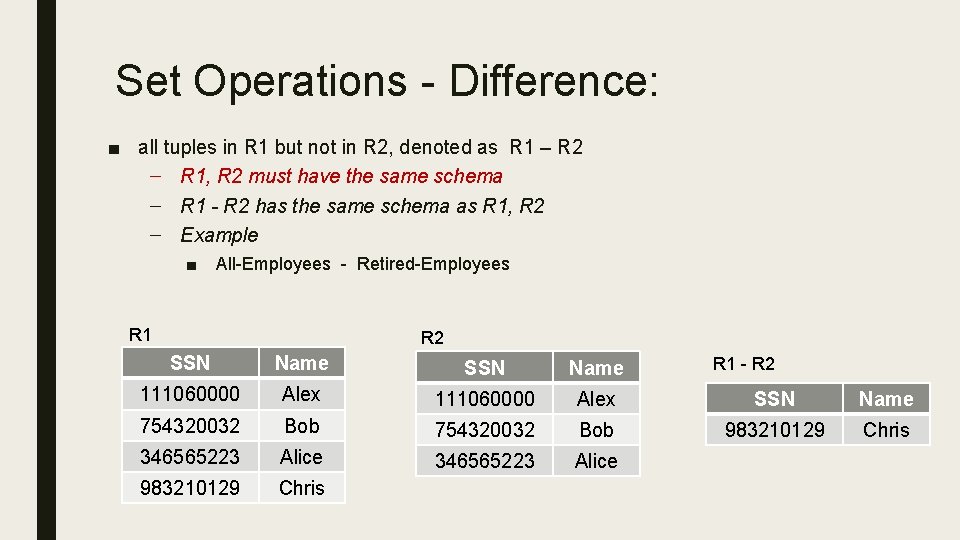 Set Operations - Difference: ■ all tuples in R 1 but not in R