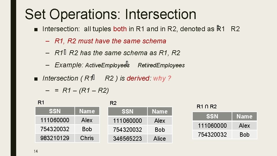 Set Operations: Intersection ■ Intersection: all tuples both in R 1 and in R