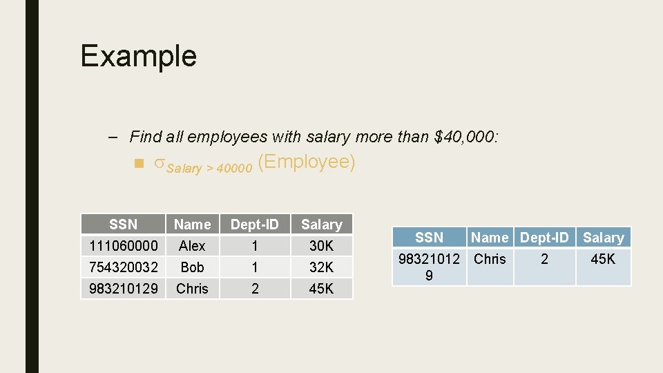 Example – Find all employees with salary more than $40, 000: ■ s. Salary