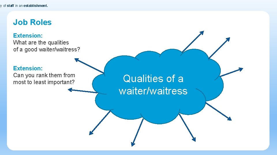 ty of staff in an establishment. Job Roles Extension: What are the qualities of