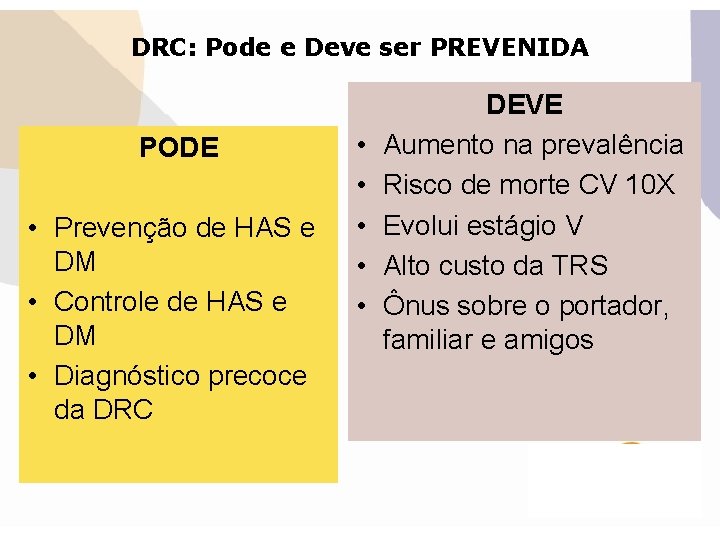 DRC: Pode e Deve ser PREVENIDA PODE • Prevenção de HAS e DM •