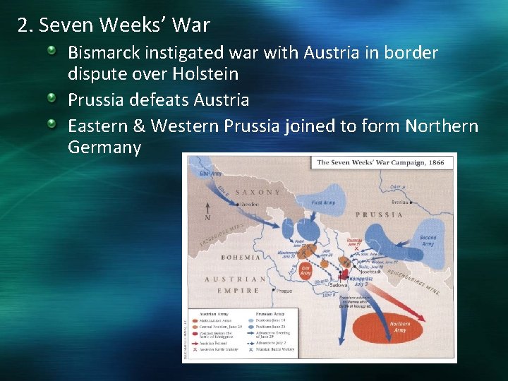 2. Seven Weeks’ War Bismarck instigated war with Austria in border dispute over Holstein