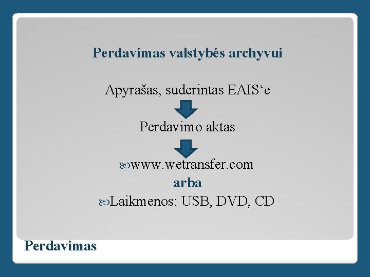 Perdavimas valstybės archyvui Apyrašas, suderintas EAIS‘e Perdavimo aktas www. wetransfer. com arba Laikmenos: USB,