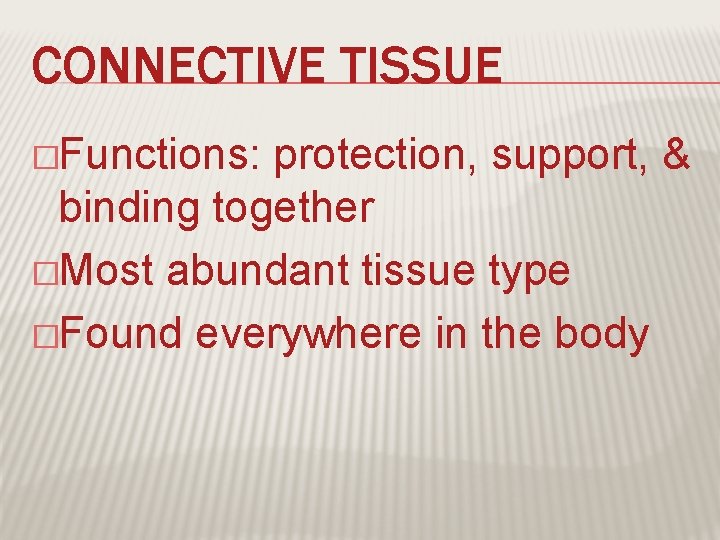 CONNECTIVE TISSUE �Functions: protection, support, & binding together �Most abundant tissue type �Found everywhere