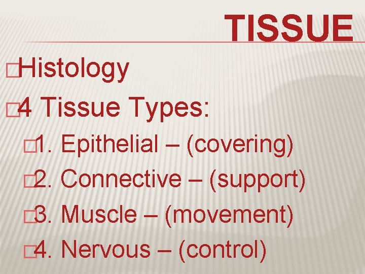 TISSUE �Histology � 4 Tissue Types: � 1. Epithelial – (covering) � 2. Connective