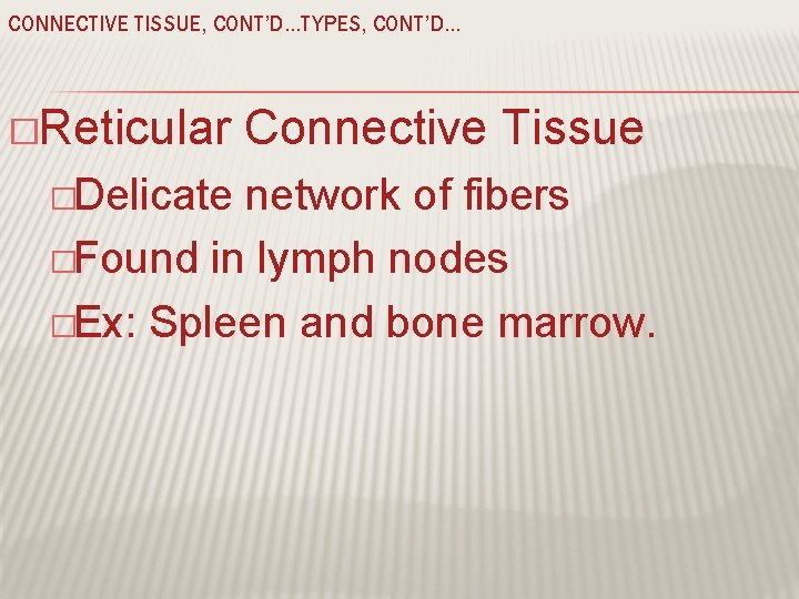 CONNECTIVE TISSUE, CONT’D…TYPES, CONT’D… �Reticular �Delicate Connective Tissue network of fibers �Found in lymph