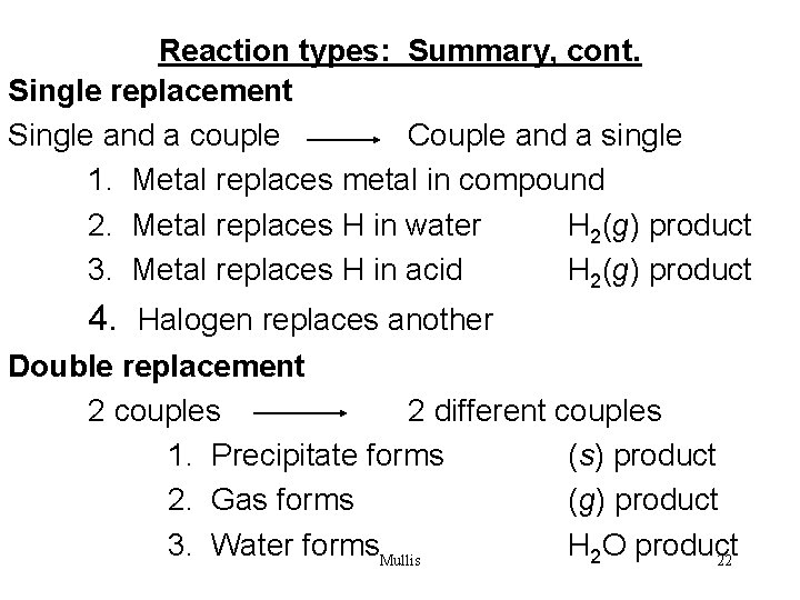 Reaction types: Summary, cont. Single replacement Single and a couple Couple and a single