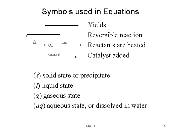 Symbols used in Equations or catalyst heat Yields Reversible reaction Reactants are heated Catalyst