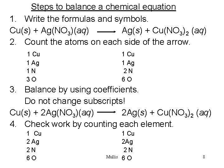 Steps to balance a chemical equation 1. Write the formulas and symbols. Cu(s) +
