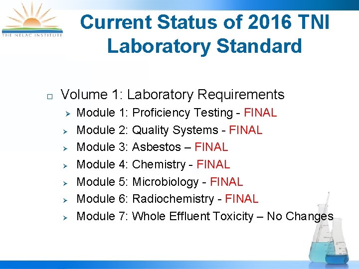 Current Status of 2016 TNI Laboratory Standard Volume 1: Laboratory Requirements Module 1: Proficiency