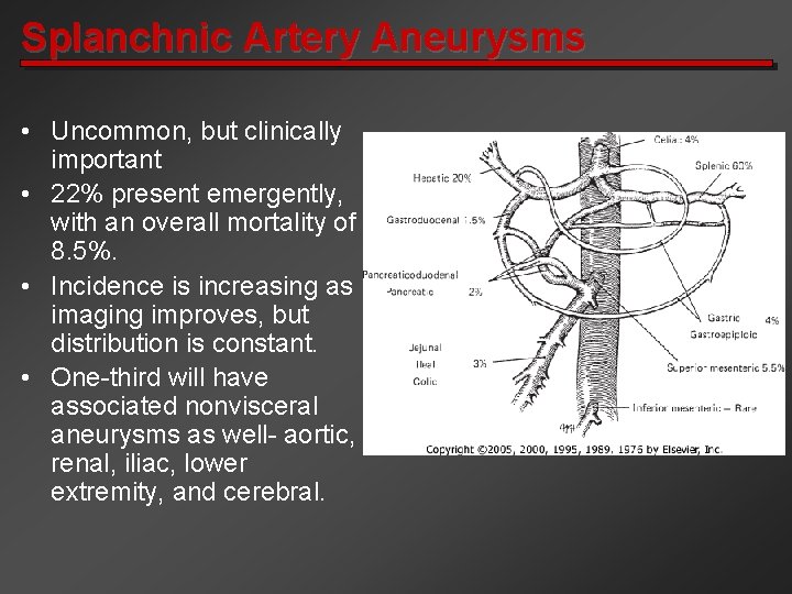 Splanchnic Artery Aneurysms • Uncommon, but clinically important • 22% present emergently, with an