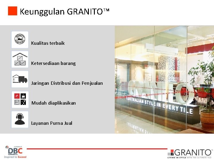 Keunggulan GRANITO™ Kualitas terbaik Ketersediaan barang Jaringan Distribusi dan Penjualan Mudah diaplikasikan Layanan Purna