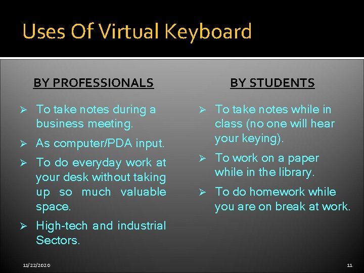 Uses Of Virtual Keyboard BY PROFESSIONALS Ø To take notes during a business meeting.
