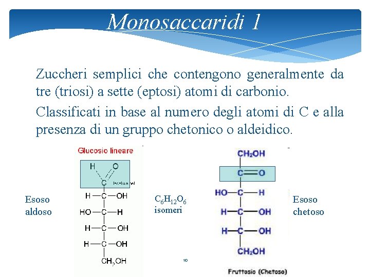 Monosaccaridi 1 Zuccheri semplici che contengono generalmente da tre (triosi) a sette (eptosi) atomi