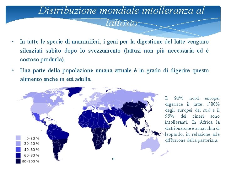 Distribuzione mondiale intolleranza al lattosio * In tutte le specie di mammiferi, i geni