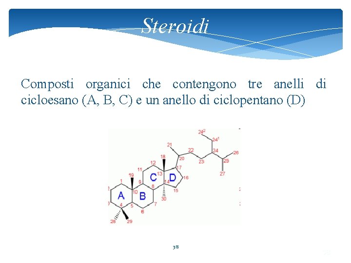 Steroidi Composti organici che contengono tre anelli di cicloesano (A, B, C) e un