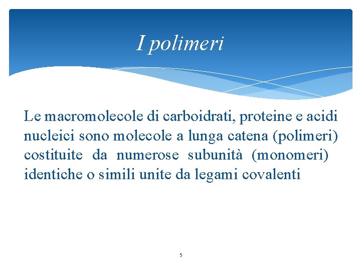 I polimeri Le macromolecole di carboidrati, proteine e acidi nucleici sono molecole a lunga