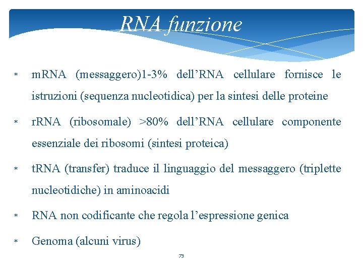 RNA funzione * m. RNA (messaggero)1 -3% dell’RNA cellulare fornisce le istruzioni (sequenza nucleotidica)