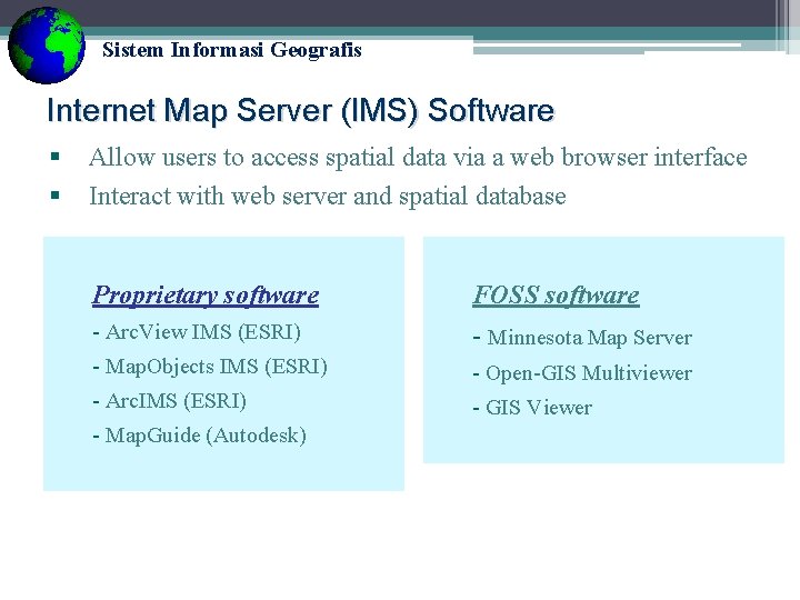 Sistem Informasi Geografis Internet Map Server (IMS) Software § § Allow users to access