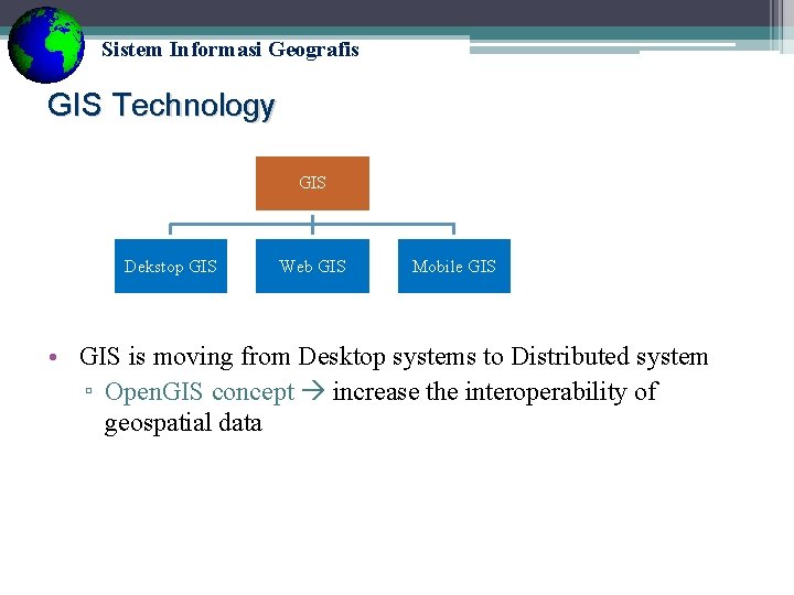 Sistem Informasi Geografis GIS Technology GIS Dekstop GIS Web GIS Mobile GIS • GIS