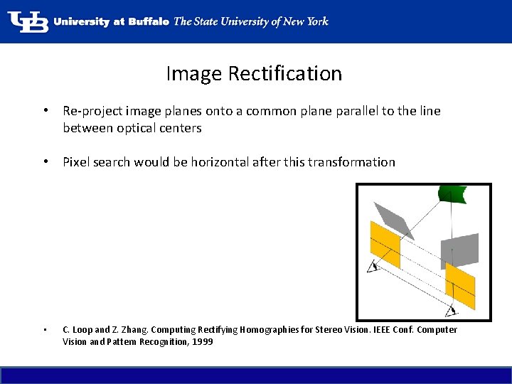 Image Rectification • Re-project image planes onto a common plane parallel to the line