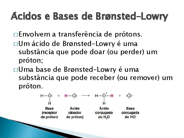 A cidos e Bases de Brønsted–Lowry � Envolvem a transfere ncia de pro tons.