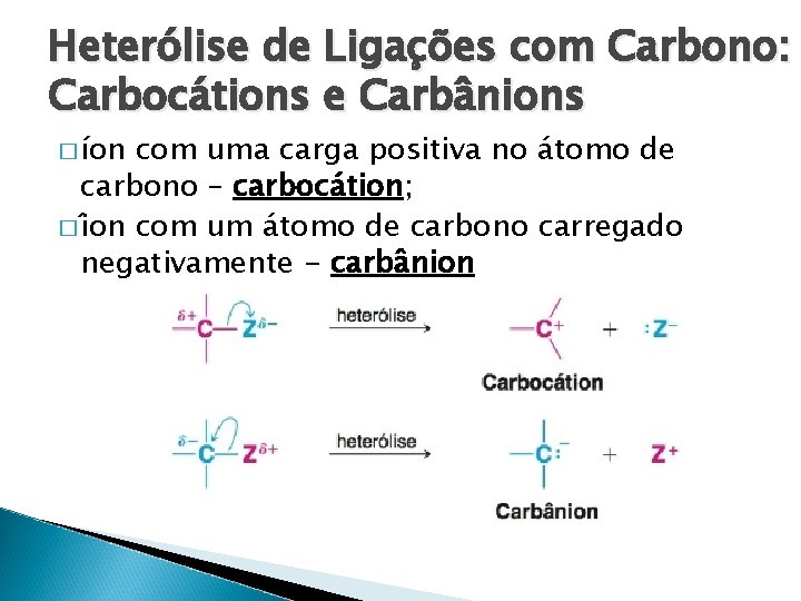 Hetero lise de Ligac o es com Carbono: Carboca tions e Carba nions � Hetero lise de Ligac o es com Carbono: Carboca tions e Carba nions �
