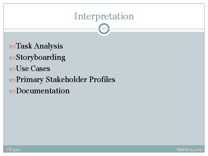 Interpretation 10 Task Analysis Storyboarding Use Cases Primary Stakeholder Profiles Documentation CS 320 March