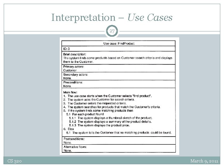 Interpretation – Use Cases 27 CS 320 March 9, 2011 