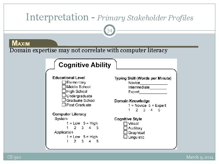 Interpretation - Primary Stakeholder Profiles 34 Domain expertise may not correlate with computer literacy