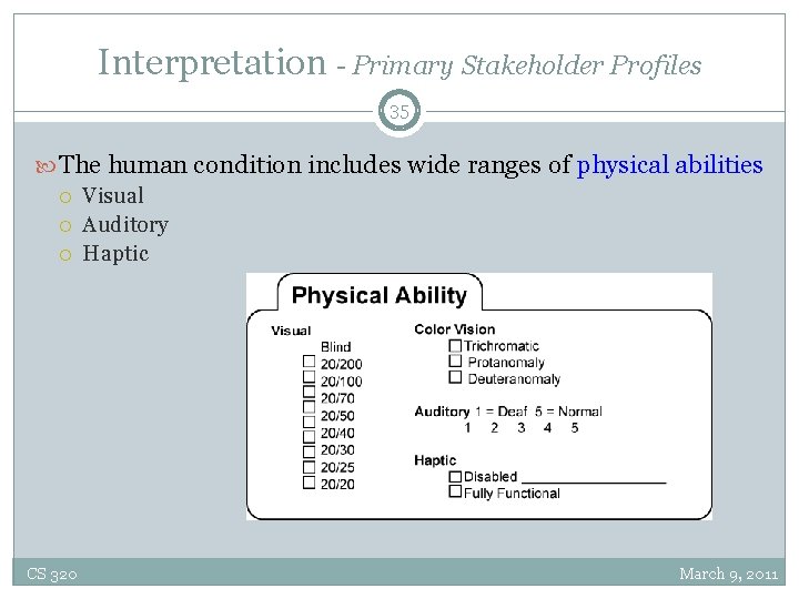Interpretation - Primary Stakeholder Profiles 35 The human condition includes wide ranges of physical