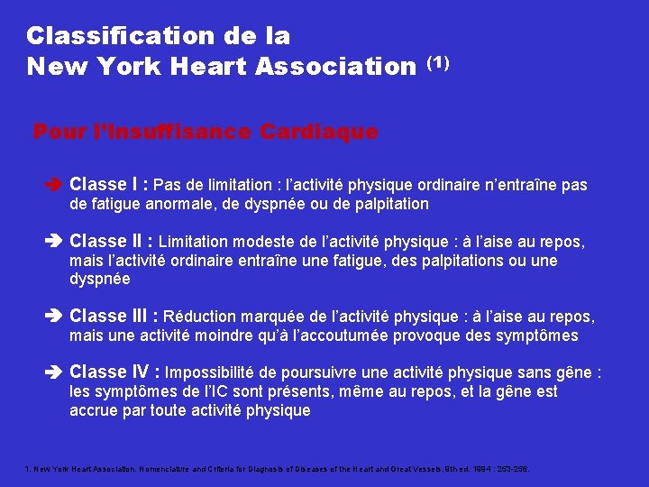 Classification de la New York Heart Association (1) Pour l’Insuffisance Cardiaque Classe I :