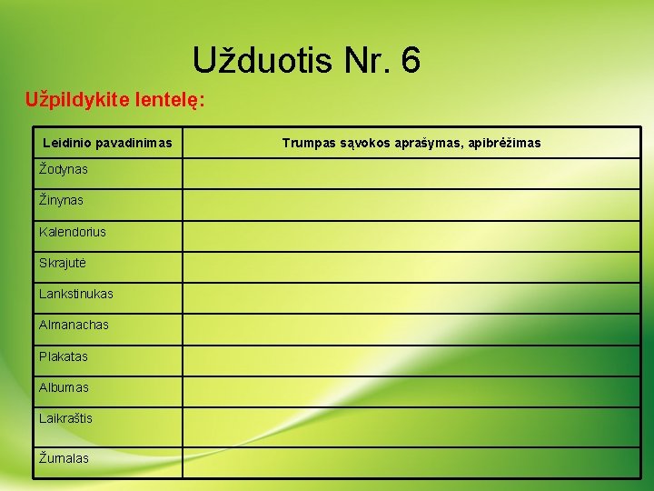 Užduotis Nr. 6 Užpildykite lentelę: Leidinio pavadinimas Žodynas Žinynas Kalendorius Skrajutė Lankstinukas Almanachas Plakatas