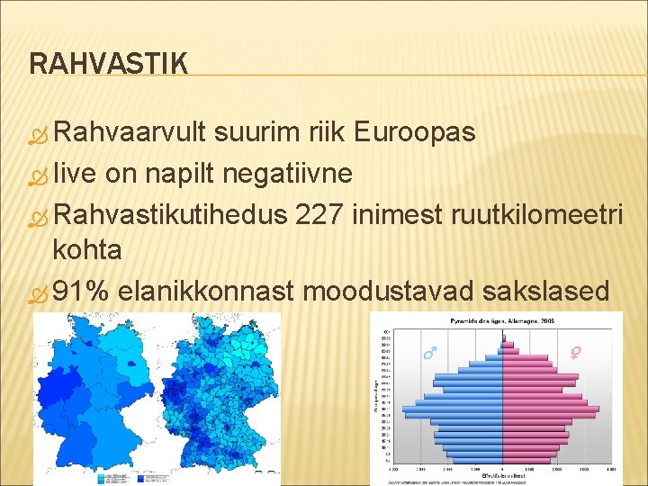 RAHVASTIK Rahvaarvult suurim riik Euroopas Iive on napilt negatiivne Rahvastikutihedus 227 inimest ruutkilomeetri kohta