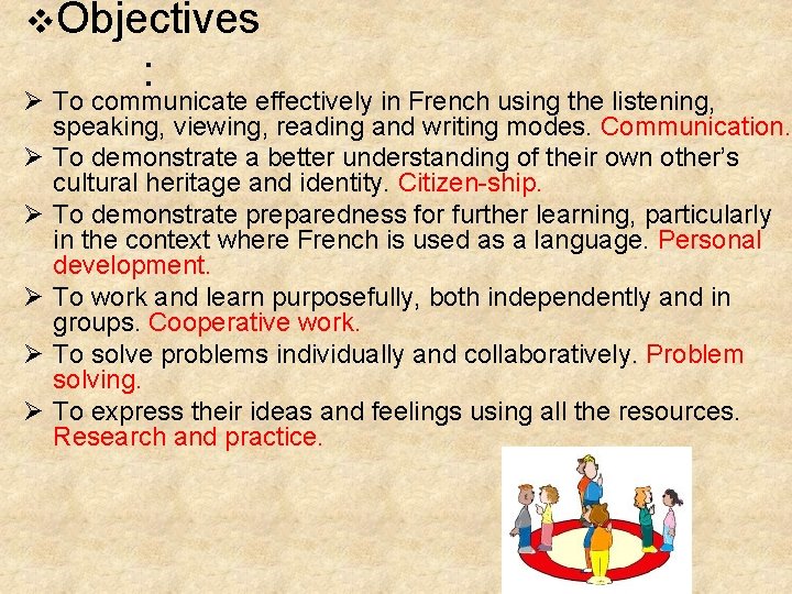 v. Objectives : Ø To communicate effectively in French using the listening, speaking, viewing,