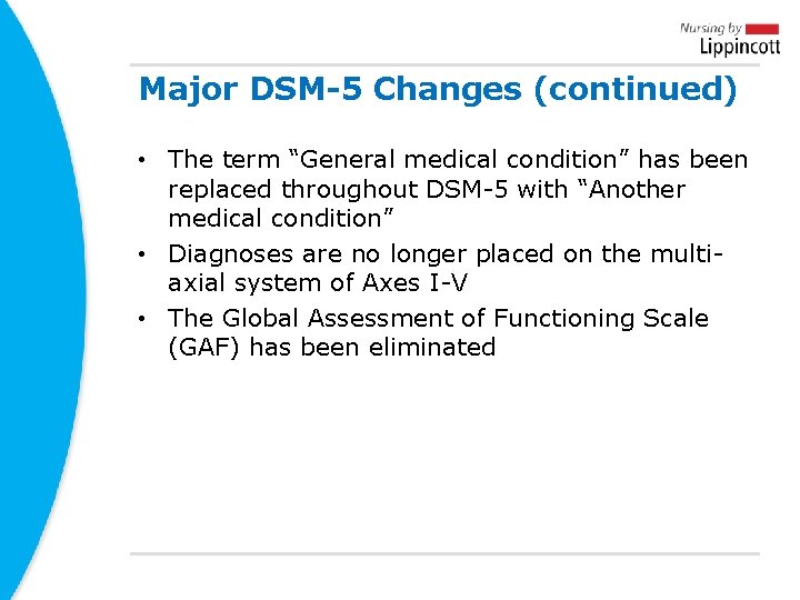 Major DSM-5 Changes (continued) • The term “General medical condition” has been replaced throughout Major DSM-5 Changes (continued) • The term “General medical condition” has been replaced throughout