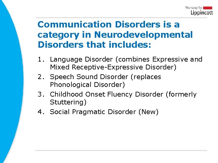 Communication Disorders is a category in Neurodevelopmental Disorders that includes: 1. Language Disorder (combines Communication Disorders is a category in Neurodevelopmental Disorders that includes: 1. Language Disorder (combines