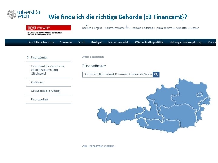 Wie finde ich die richtige Behörde (z. B Finanzamt)? Unternehmenssteuerrecht, Uni Wien, Wakounig/Berger, 2018