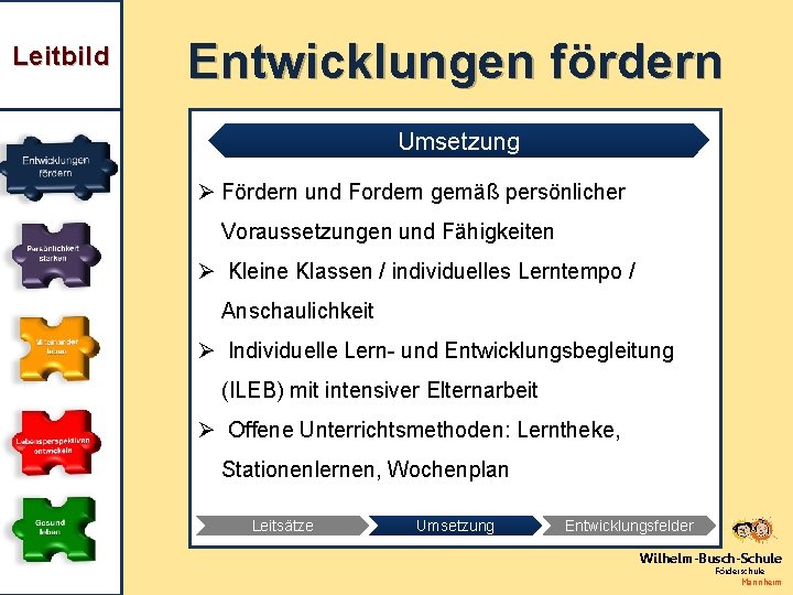 Leitbild Entwicklungen fördern Umsetzung Ø Fördern und Fordern gemäß persönlicher Voraussetzungen und Fähigkeiten Ø