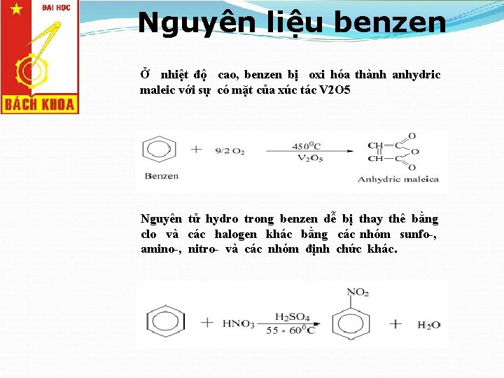 Nguyên liệu benzen Ở nhiệt độ cao, benzen bị oxi hóa thành anhydric maleic