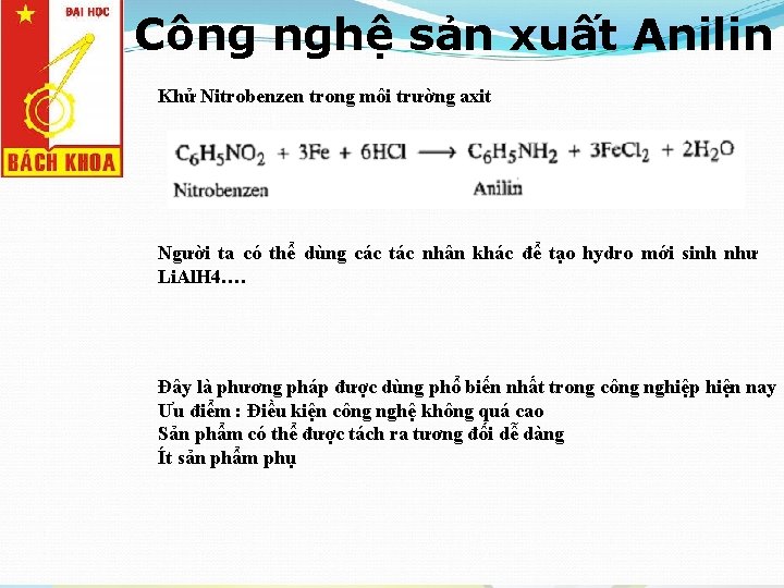 Công nghệ sản xuất Anilin Khử Nitrobenzen trong môi trường axit Người ta có